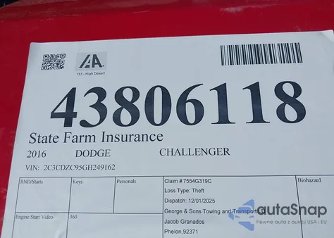 2016 Dodge Challenger Srt Hellcat z USA, uszkodzony, nr VIN 2C3CDZC95GH249162